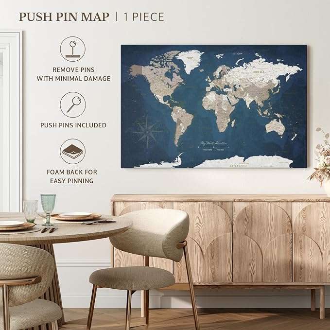 ElephantStock - My World Adventures Push Pin Travel Map I Wall Art - Horizontal Canvas Wall Art - Living Room Wall Decor - Printmaking Map Canvas Art - Blue And Beige Decor - 30" x 20"