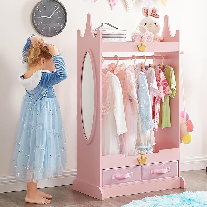 Kids Dress Up Storage with Mirror, Kids Armoire with Non-Woven Drawers, Open Costume Closet with Hanging Rack for Toddlers (Pink)