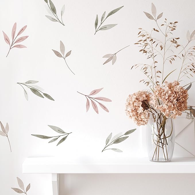Watercolor Greenery Wall Decals - Set of 22 Leaves Vinyl Flower Room Decor Peel and Stick Removable Floral Stickers for Nursery Bedroom Bathroom