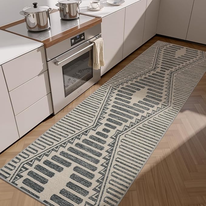 Charcoal Grey Boho 2x8 ft Runner Textured Tufted Rugs for Hallway Kitchen Bedroom Entryway Long Non Slip-Carpet Washable Neutral Modern Geometric Moroccan Aztec Rug