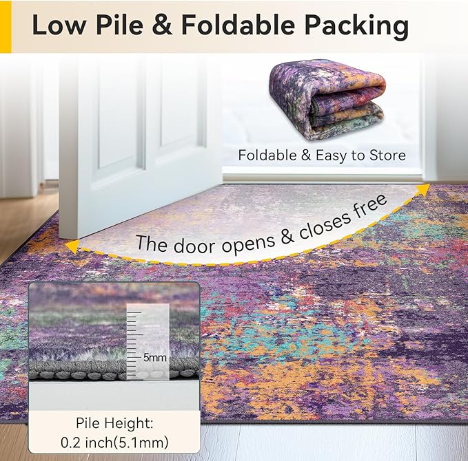 Washable Area Rugs 3'x5' Non-Slip Modern Abstract Soft for Living Room Entryway Bedroom Nursery, Print Pattern, Purple Orange Blue Green Rust Red Colorful