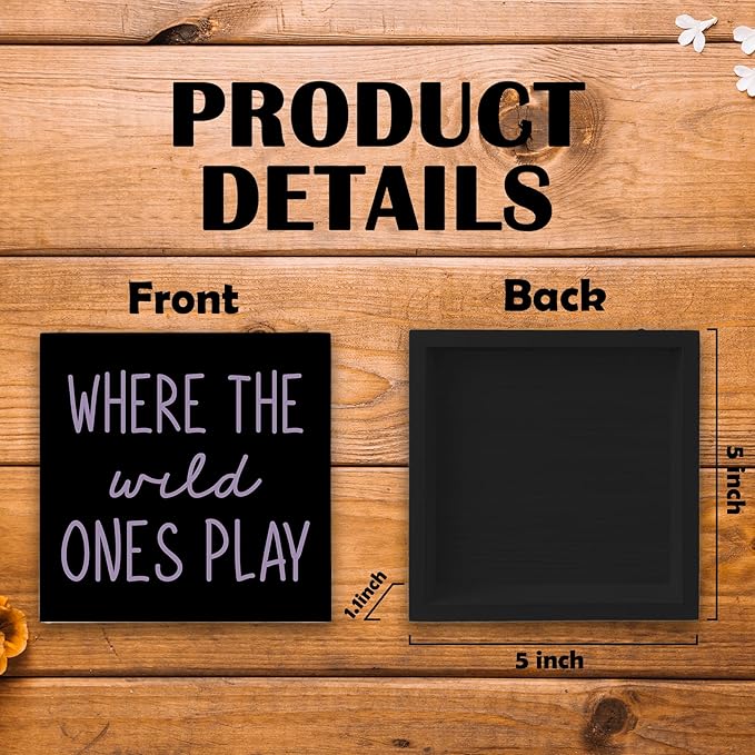 Where The Wild Ones Play Black Purple Wood Box Sign Desk Decor 5X5, Nursery Kids Room Wooden Block Sign Decorations for Playroom Toddler Room Wall Tabletop Shelf Decor