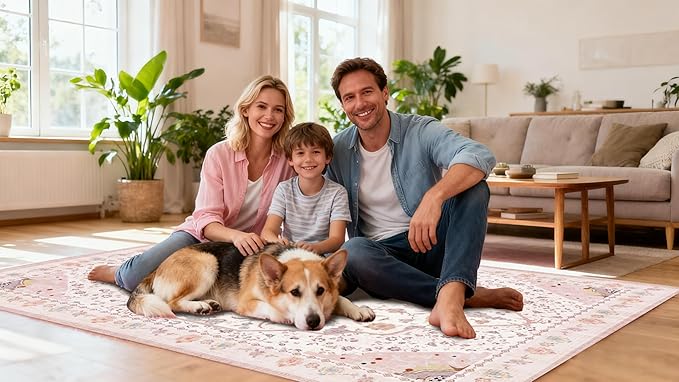 Area Rug - Vintage 8x10 Non-Slip Backing Area Rugs Light Pink Soft Faux Wool Carpet Foldable & Machine Washable Rugs for Living Room Bedroom Dining Room Nursery Home Office