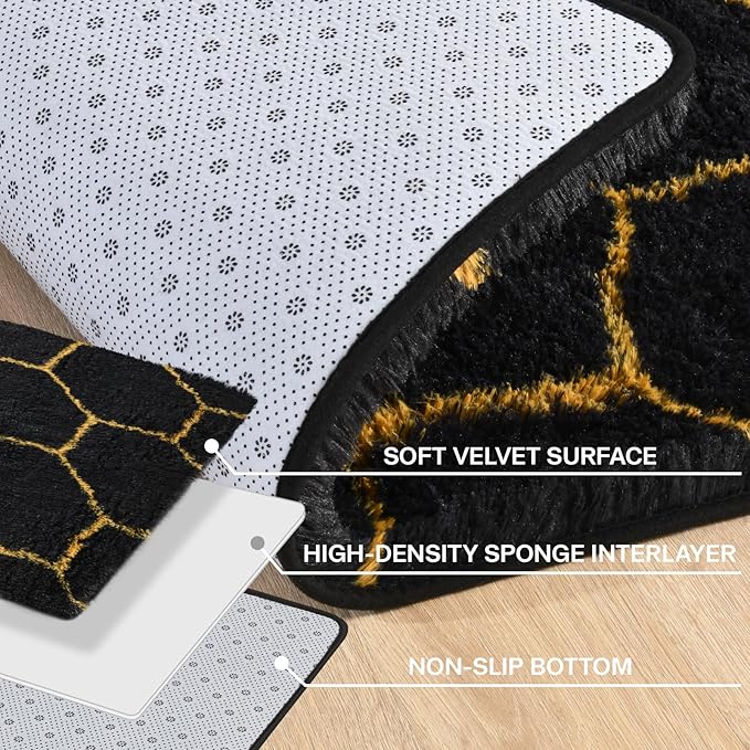 Meralax Hexagon Gold/Black Rugs for Living Room Bedroom, 5x8 Soft Area Rug Fluffy Shaggy Bedside Rug, Machine Washable Indoor Floor Carpet for Kids Boys, Dorms, Nursery Rooms, Home Decor Aesthetic