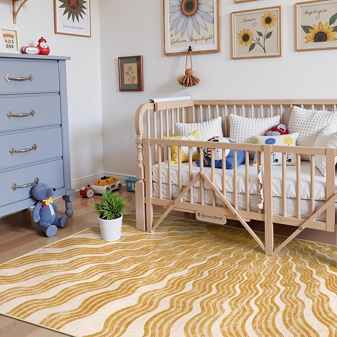 Boho Washable Rugs 5x7, Sun Print Soft Nursery Rug for Bedroom Classroom, Ultra-Thin Non Slip Stain Resistant Kids Carpet for Living Room Office(5'x 7',Gold/Multi)