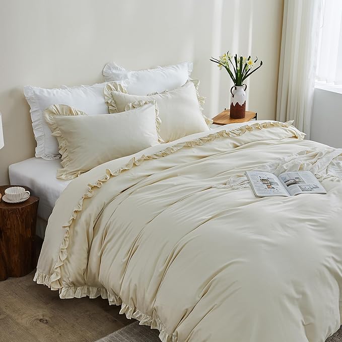 Simple&Opulence Kids 100% Organic Cotton Twin Duvet Cover Ruffle 2Pcs(1 Comforter Cover 1 Pillowcase) Cute Lace Vintage Boho Shabby Chic Farmhouse Bedding Set Teen Girls(Beige, Twin)