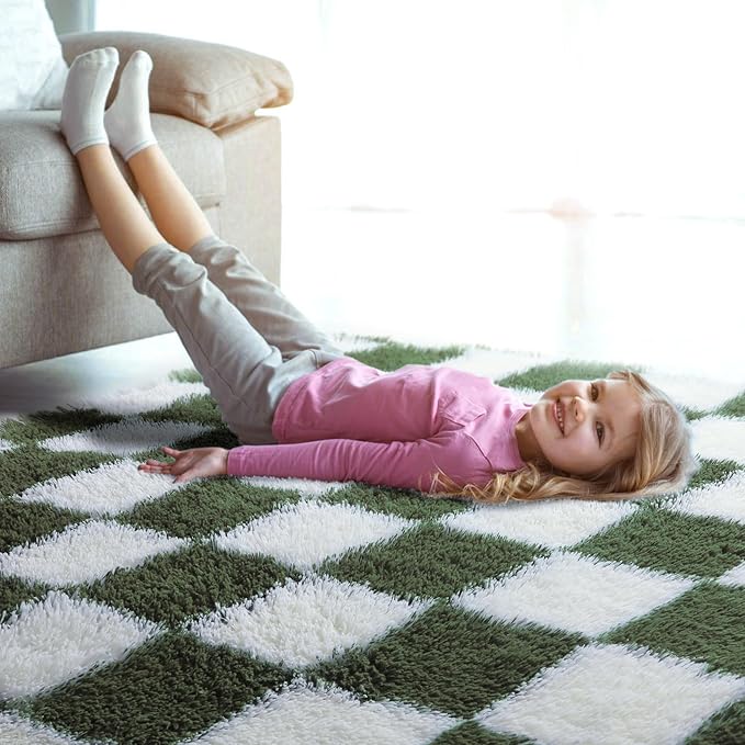 KICMOR Area Rugs for Bedroom Living Room, 4x6 Soft Fluffy Olive Green and White Checkered Shag Rug Fuzzy Shaggy Plush Bedside Carpet, Non-Slip Indoor Floor Rug for Boys Girls Room Nursery Home Decor