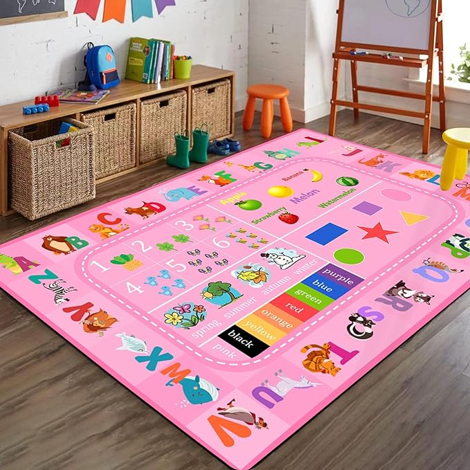 Cute Pink Playroom Rugs, 3x4ft, ABC Letters Fun Educational Area Rug for Kids Crease Soft Rubber Backed Non-Skid Carpet, Reduce Noise Absorbent Washable Carpets for Bedroom