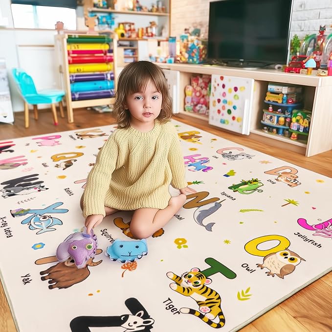 Kids Rugs for Playroom, 3x4 Feet Educational Rug for Learn The ABC Alphabet, Soft Machine Washable Non-Slip Cute Cartoon Animals Carpet for Classroom Toddler Nursery Kids Room Decor, Beige
