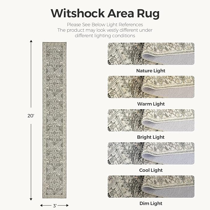 WITSHOCK 3x20 Extra Long Runner Rug for Hallway: Washable Boho Low Pile Stain Resistant Foldable Floor Carpet for Bedroom Entryway Bathroom Kitchen, Distressed Farmhouse Rug, Brown/Lvory, 36″x240″
