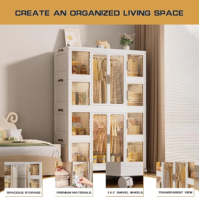 Large Portable Kids Wardrobe Closet Organizer with Magnetic Doors, Foldable Closet Organizers and Storage for Living Room, Bedroom, Dorm, Easy Assembly (8 Cubes & 2 Hanging Rods & 16 PCS Hangers)
