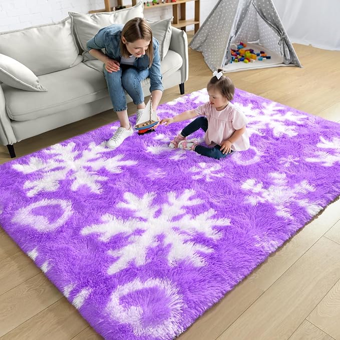 EVOIONOS Purple Princess Rugs for Living Room, 4x6 Feet Fluffy Shaggy Snowflake Rug for Girls Bedroom, Plush Fuzzy Super Soft Carpet for Kids Room Home Decor, Upgraded Non Slip Bottom, Purple Rugs