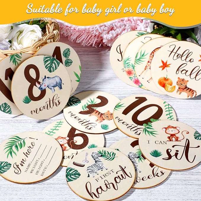 Tiamon 16 Pieces Wooden Baby Monthly Milestone Cards Monthly Milestone Marker Discs Double Sided Wooden Circles Months Signs for Baby Shower Newborn Photo Props (Jungle Animal)
