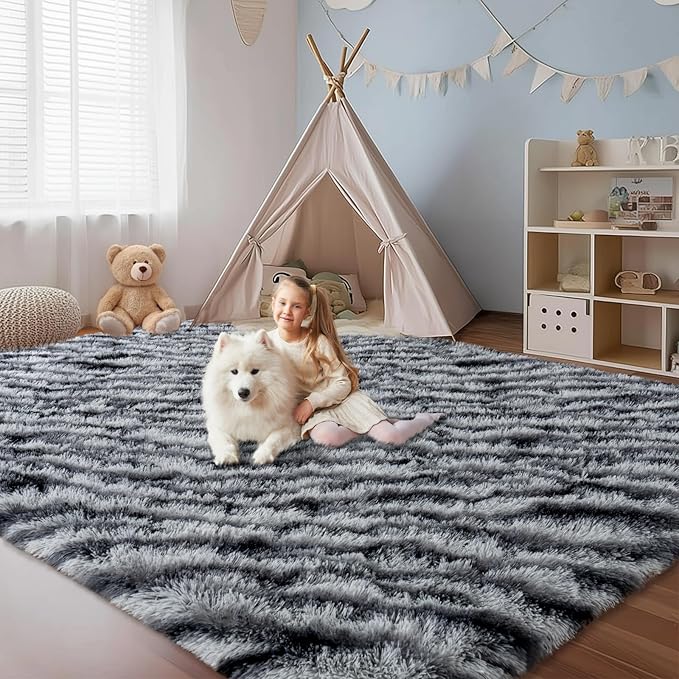 8x10 Large Area Rugs for Living Room, Soft Black White Zebra Big Shag Rug for Bedroom Nursery Kids Room Dorm, Non-Slip Modern Fluffy Plush Carpet for Home Decor