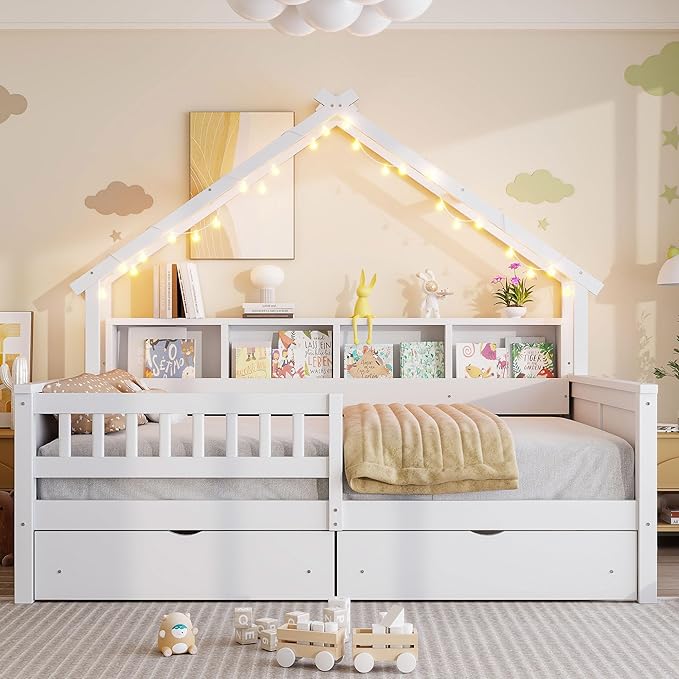 Merax Full Size House Platform Bed with Storage Drawers, Full Toddler Bed with LED Light and Guardrail, Sturdy Wood Frame Support, House Platform Bed with Roof Design for Kids, No Box Spring,White