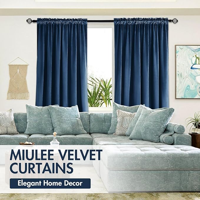 MIULEE Velvet Blackout Curtains Navy Blue Thermal Insulated Drapes for Bedroom Living Room Darkening 96 Inches Long Curtains Panels Rod Pocket Set of 2