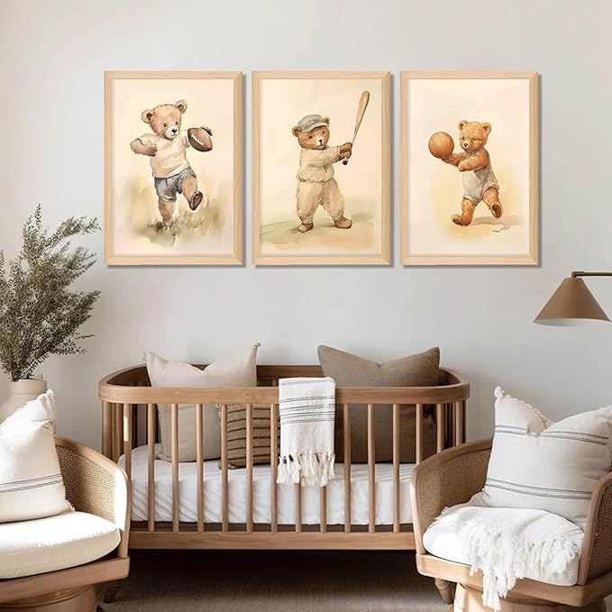 Framed Bear Wall Art Nursery Decor Set of 3, Cute Vintage Baby Bear Sports Pictures Wall Decor, Nursery Animal Poster Prints, Wild Animals Canvas for Children Bedroom Boy Room Decoration – 16x24 inch