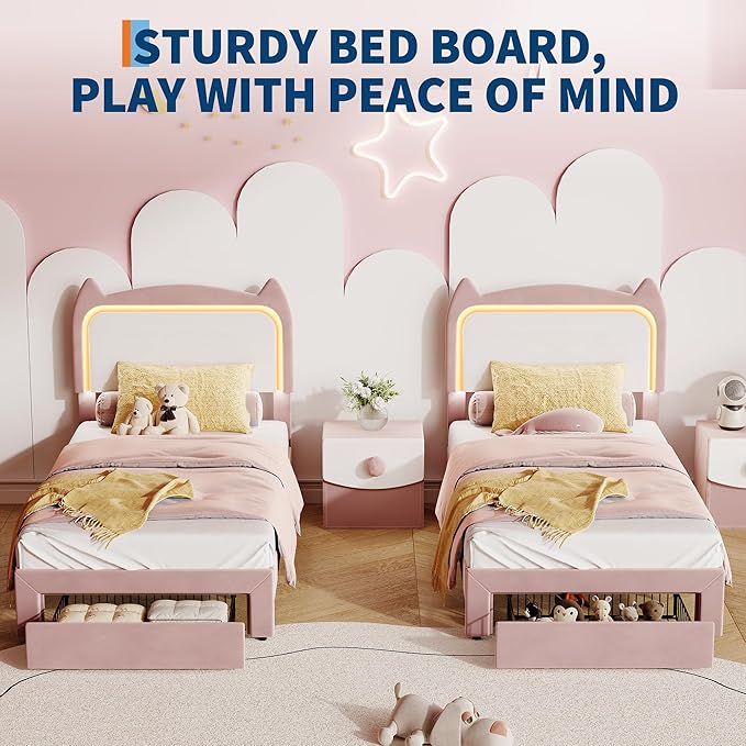 Garvee Twin Upholstered LED Bed Frame with Storage Drawer & Cute Cat Headboard, Velvet Princess Platform Bed Frame with Sturdy Wood Slats Support for Girls/Kids, No Box Spring Needed, Pink