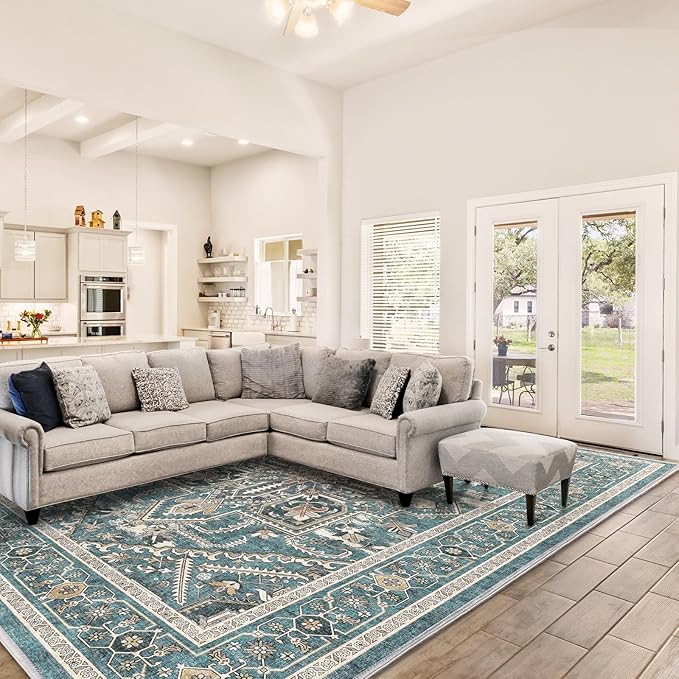 WITSHOCK Living Room Area Rugs 9x12: Washable Rug Boho Soft Non-Slip Low Pile Stain Resistant Foldable Carpet for Bedroom Playroom Dining Room Office Kitchen Farmhouse Home Decor Rug-Dull Teal