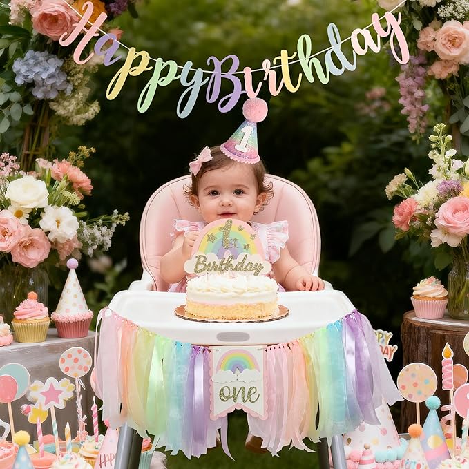 Macaron Pastel Rainbow High Chair Banner for 1st Birthday Decorations First One Birthday Party Girl with Cake Topper