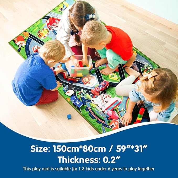 Booooom Jackson Car Rug Play Mat for Kids, 4'11" x 2'7" Rug,Car with Roads Bedroom, Kid Carpet Toddler Boy, Car Area Non-Slip Backing, Car Educational Cars and Toys