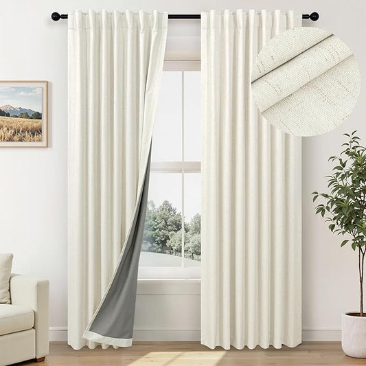 Room Darkening Curtains 63 Inches Long Small Bay Window Dining Room Curtains Boho Soft Cotton Linen Textured Insulated Back Tab Pocket Pleated Blackout Drapes Cream Ivory 52 x 63 Inch Length 2 Panels