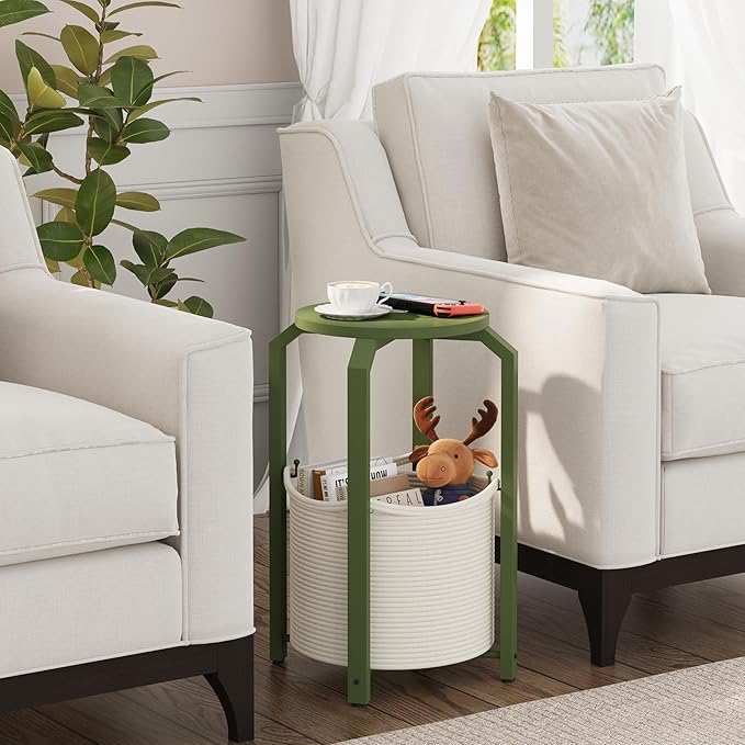 TUTOTAK Small Side Table, Round End Table, Night Stand, Bedside Table, Sofa Table with Storage Basket, Living Room, Bed Room, Olive Green TB01BOG092