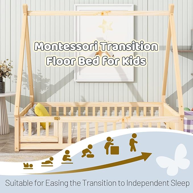 Full House Bed Frame with Fence Rails and Door,Wood Montessori Floor Bed with Slats Support,Teepee Tent Beds Kids Bed Frames for Girls Boys, Natural