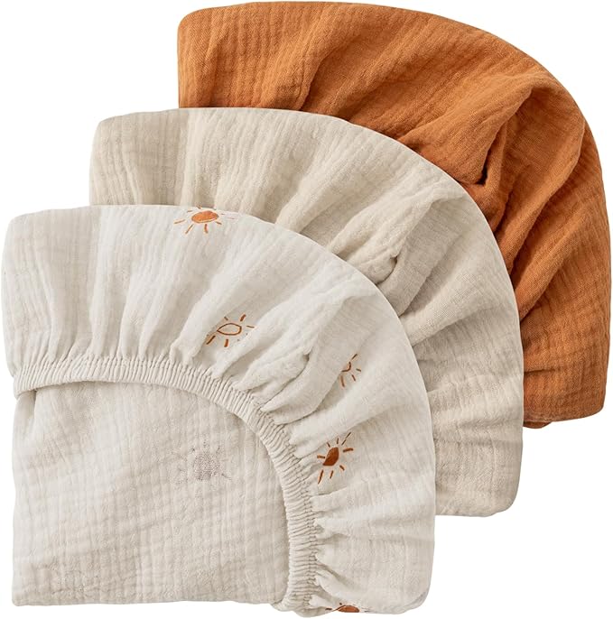 Gllquen Baby Muslin Bassinet Sheets 3 Pack, Breathable Elastic Cozy Fitted Cotton Bassinet Mattress Sheet for Baby Boy Girls, Fit for Hourglass Oval Rectangular Cradle Pad Sheets 33"x17" (Sunshine)