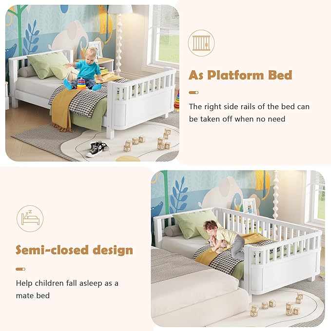 Twin Size Kids Bed Montessori Daybed with Safety Rails and Headboard, Low Profile Wood Platform Twin Bed Frame with Slats for Kids Boys Girls Bedroom, No Spring Box Required, Twin White