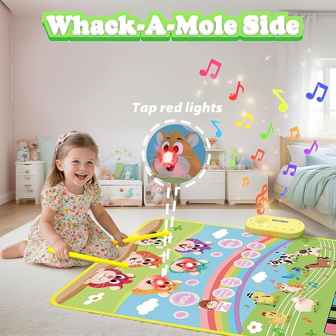 MOMUSE 3-in-1 Floor Piano Mat for Kids, Whack-a-Mole Game Music Play Mat with 30 Sound & Function Keys, Sensory Musical Toys for Baby Girls Boys Toddlers 1 2 3 4 5 6 Years Old