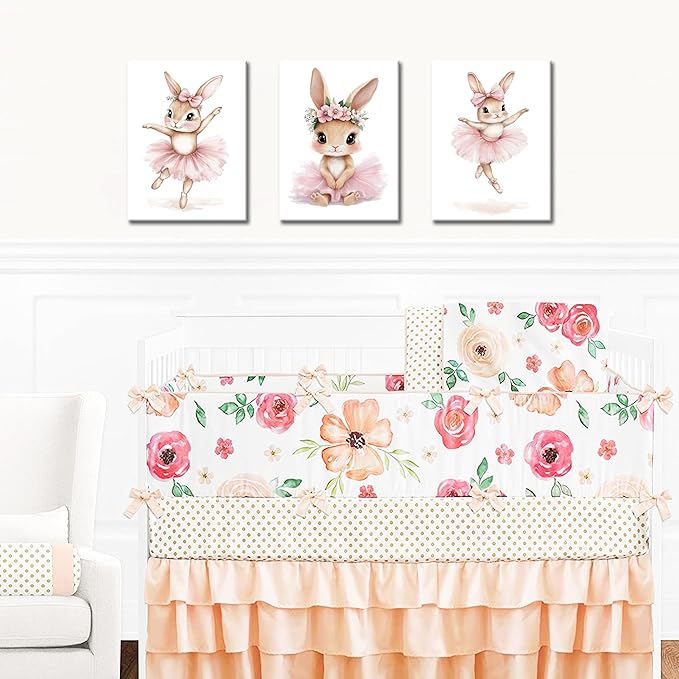Baby Girl Nursery Wall Decor, Easter Nursery Canvas Wall Art Paintings Set of 3, Cute Animal Pink Bunny Posters Prints Pictures for Boys and Girls Room, Bedroom, Home Decor 16x24 In Framed