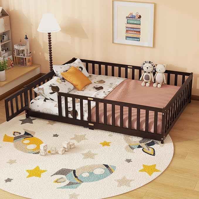 Full Size Floor Bed for Kids, Wood Montessori Floor Beds with Fence Railings, Door & Slats Support, Full Playhouse Bed Frame for Boys Girls, No Box Spring Needed, Espresso