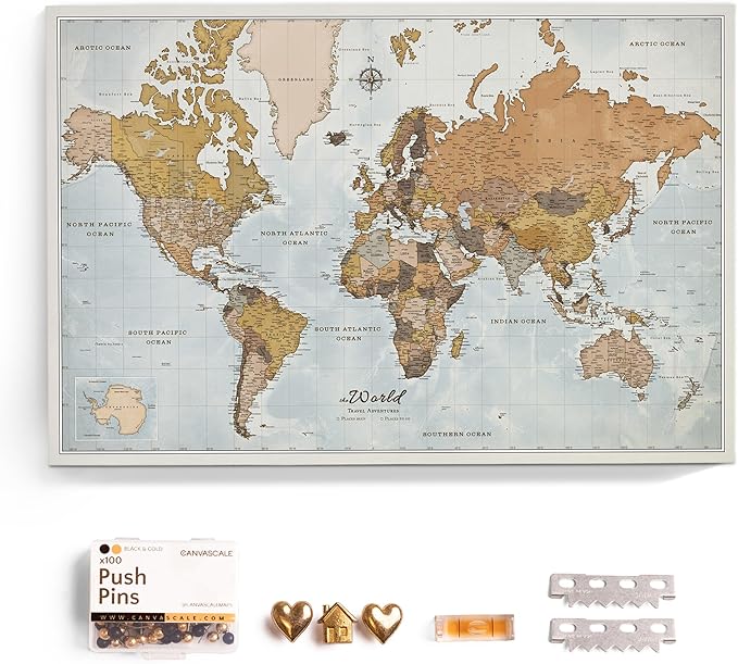 Canvas World Map with Cork Pin Board - English Lettering - Decorative Wall Decoration for All Rooms - Canvas Pictures with World Map Motif (150x100 cm, Pattern 14)
