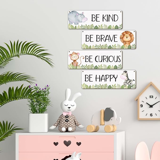 Woodland Nursery Decor, Safari Jungle Animals Boysroom Wall Sign Art, Motivational Bedroom Decorations for Kids Boys, 4 Pieces Wood Sign, 3.9x11.8 In-A05