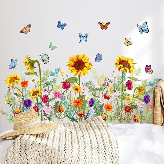 Flowers Vine Wall Stickers Sunflowers Daisy Wall Decals for Living Room, Butterfly Decor Posters Colorful Floral Wall Stickers Chrysanthemum Murals Decorations for Bedroom Office