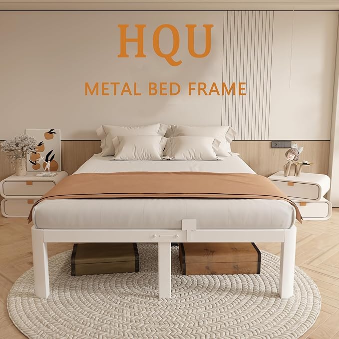 16 Inch Bed Frame Queen Size with Metal Gaskets, Heavy Duty Queen Platform Bed Frame No Box Spring Needed, DIY Headboard, Anti-Slip Mattress Stopper, Round Corner Leg, Easy Assembly, White