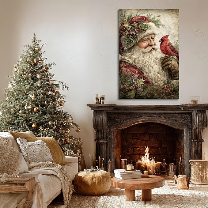 YONICA Christmas Canvas Wall Art Santa with Cardinal 28x40 Inch Vintage Style with Red Bird - Large Framed Gallery Wrapped Wildlife Art