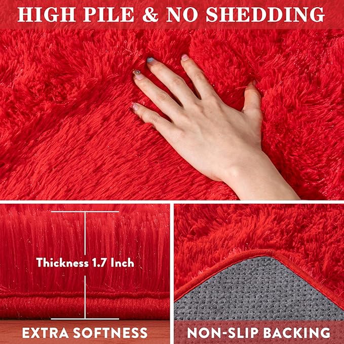 Large Shag Rugs 6 x 9, Red Fluffy Area Rug for Living Room, Soft Fuzzy Plush Carpet for Bedroom Girls Kids Room, Indoor Shaggy Rug for Home Decor Aesthetic, Upgrade Non-Slip