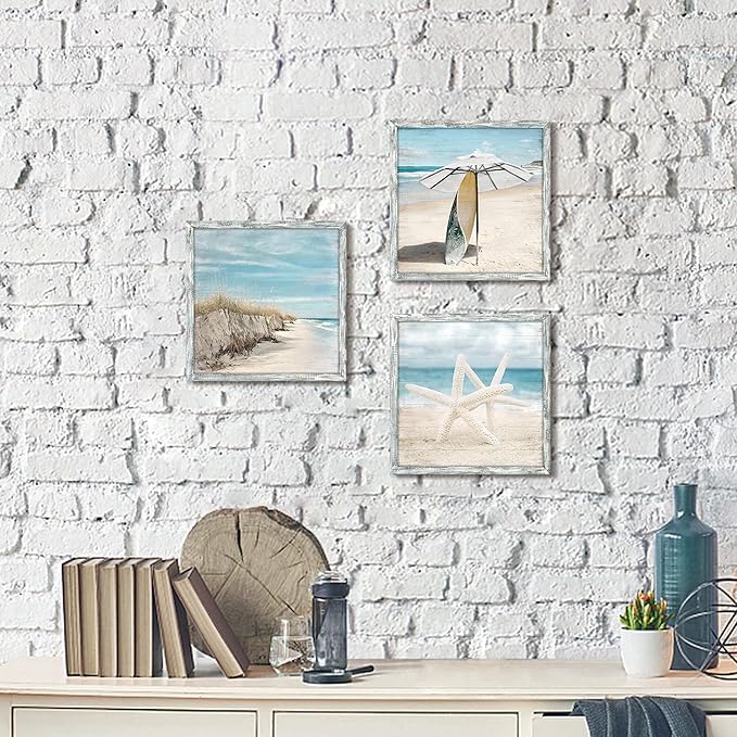 Ocean Pictures Wooden Wall Art: Beach Artwork Framed Home Decor Set of 3 Seascape Pathway Surfboard Starfish Collection Prints for Bedroom