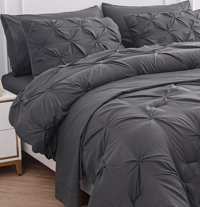 LANE LINEN King Size Comforter Set with Sheets, Pillowcases & Shams, 7 Piece Bed in a Bag Set King Size, Pintuck King Bed Comforter Set, Soft King Bedding Set, Pinch Pleated King Size Bed Set - Grey