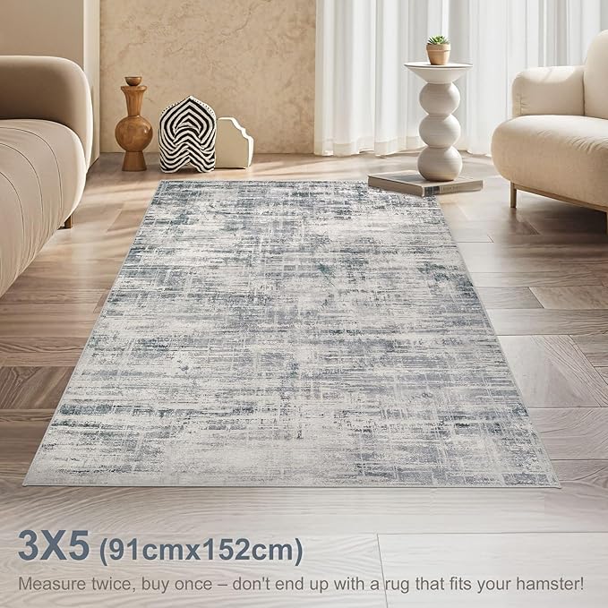 Area Rug for Living Room: 3x5 Washable Neutral Abstract Modern Soft Rugs Non Slip Indoor Floor Stain Resistant Carpet for Bedroom Dining Room Office Nursery - Gray