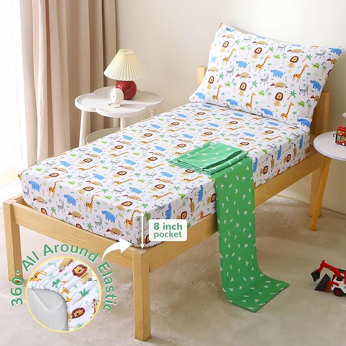 Mooreeke 4 Pieces Toddler Bedding Set - Forest Animal Toddler Comforter Sets for Girls Boys, Includes Comforter, Flat Sheet, Fitted Sheet and Pillowcase, Bed in A Bag for Baby Bedroom