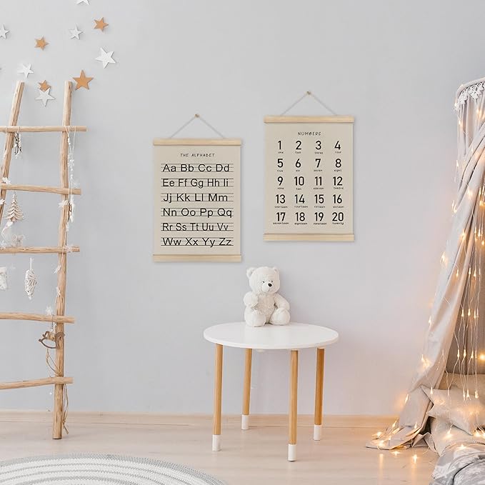 HRQKO Alphabet Numbers Poster Hanger Frame Set of 2, Nursery Wall Decor, Black ABC Poster Wall Art with Wooden Frames, Alphabet Banner Wall Hanging Decor for Boy Toddler Room Playroom, 12x16 Inch