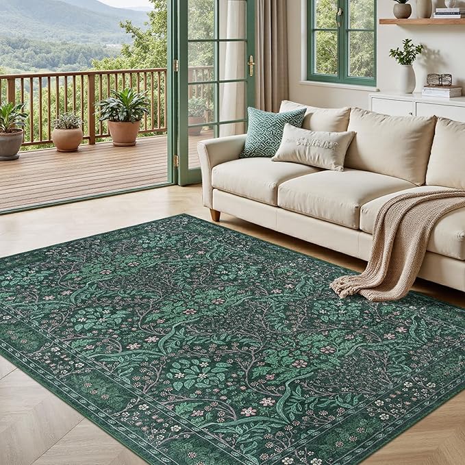 Dark Green Area Rug 6x9 Machine Washable Rug for Living Room,Entryway Bedroom Farmhouse Nursery Home Office，Low Pile Stain & Slip Resistant Large Dark Green Carpet for Bedroom