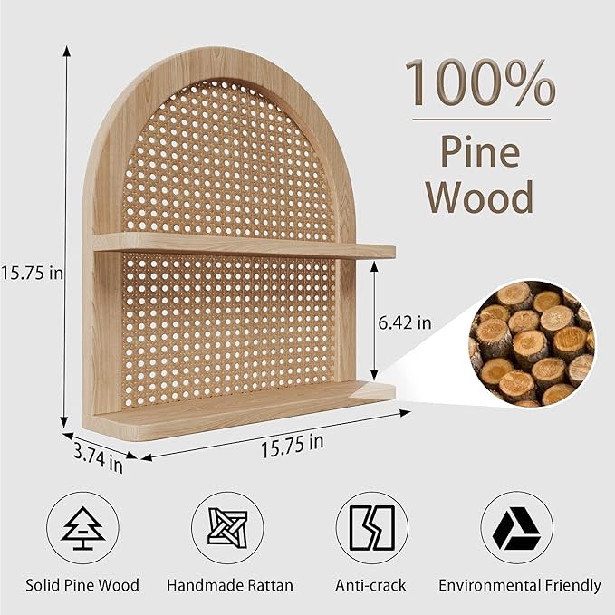 Rattan Wall Shelf Boho Nursery Decor, 2-Tier Arched Woven Natural Wood Wicker, 16''L Neutral Handcrafted Rattan Nursery Shelf, Decorative for Living Room, Bedroom & Bathroom