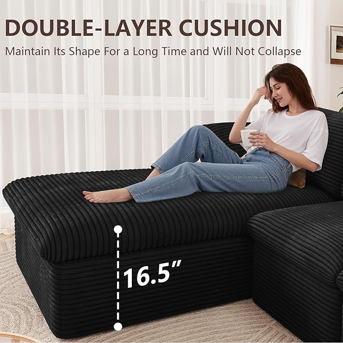 136" Cloud Modular Sectional Sofa with 1 Ottoman, Modern Upholstered Corduroy Couches, Comfort U Shaped Sofa for Living Room, Deep Seat Boneless Couch, No Assembly Required(Black,Left Facing Chaise)