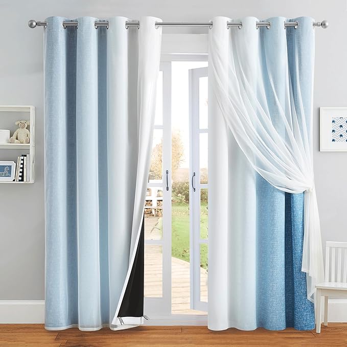 100% Blackout Curtains with Sheer Overlay Mix and Match Double Layer Drapes 84 Inch Long 2 Panels for Bedroom Living Room Blue White Ombre Grommet Window Treatment with Tiebacks