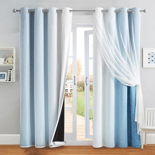 100% Blackout Curtains with Sheer Overlay Mix and Match Double Layer Drapes 84 Inch Long 2 Panels for Bedroom Living Room Blue White Ombre Grommet Window Treatment with Tiebacks