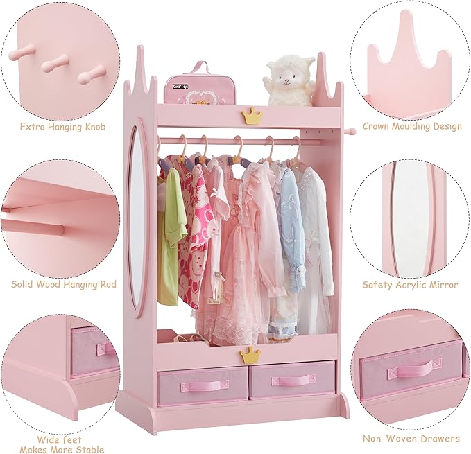 Kids Dress Up Storage with Mirror, Kids Armoire with Non-Woven Drawers, Open Costume Closet with Hanging Rack for Toddlers (Pink)